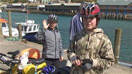 Ash and Zac at West Looe Quay, ready to enter the Tasty Corner Cafe - 13.6 miles into the ride